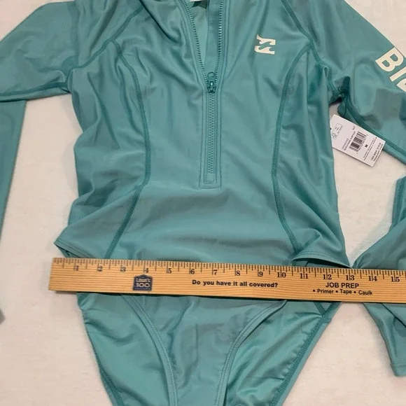 Billabong teal green long sleeve zip up one piece surfer swimsuit rashgard M - Picture 8 of 9